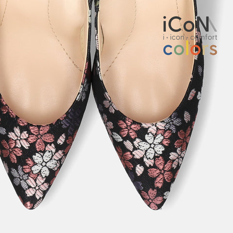 15%OFF：2025SS：iCoN COLORS：ポインテッドトゥ 和柄 パンプス（C76536）ブラック桜/mamian（マミアン）