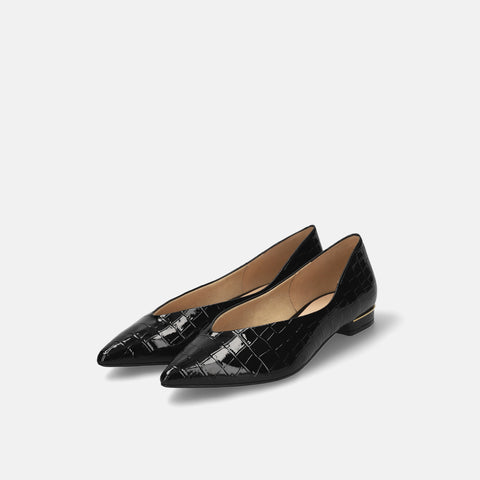 予約：メタルアクセント Vカットフラットシューズ（m17067）ブラックCR