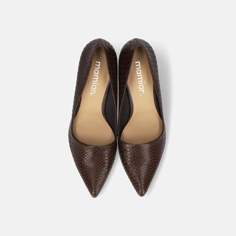 2025AW：サイドコンシャス デザイン パンプス（m45007）ダークブラウンリザード/mamian（マミアン）